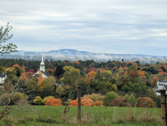 view from the top of the hill at Bancroft's castle over looking an overcast new england day