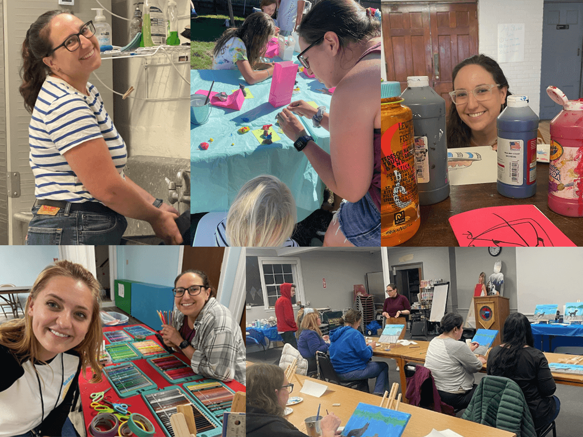 Collage of five pictures of Kara helping out in various contexts with child and adults. Posing with paint, and cleaning things in art sink
