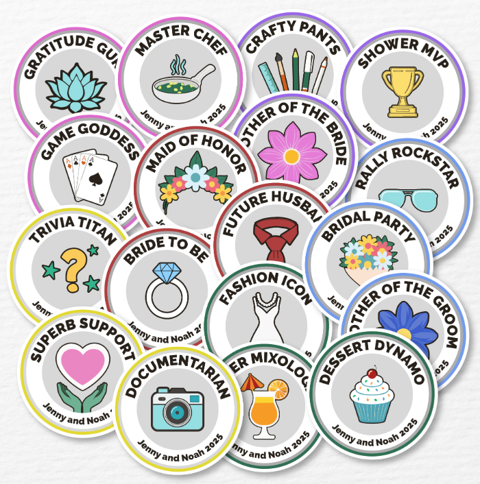 Personalized Bridal Shower Merit Badge Stickers