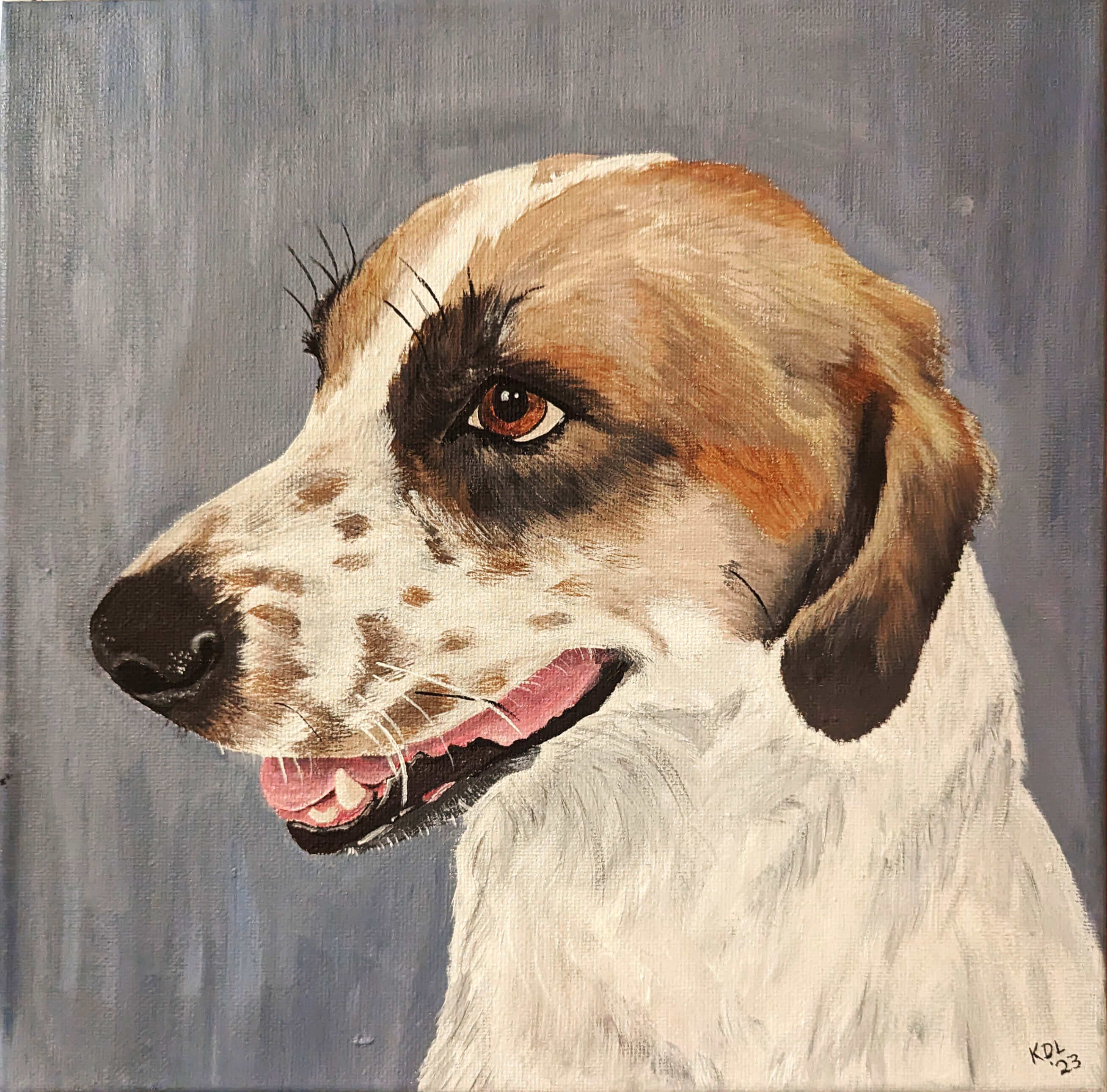 Acrylic Painting of a mixed breed dog close up with a gray background