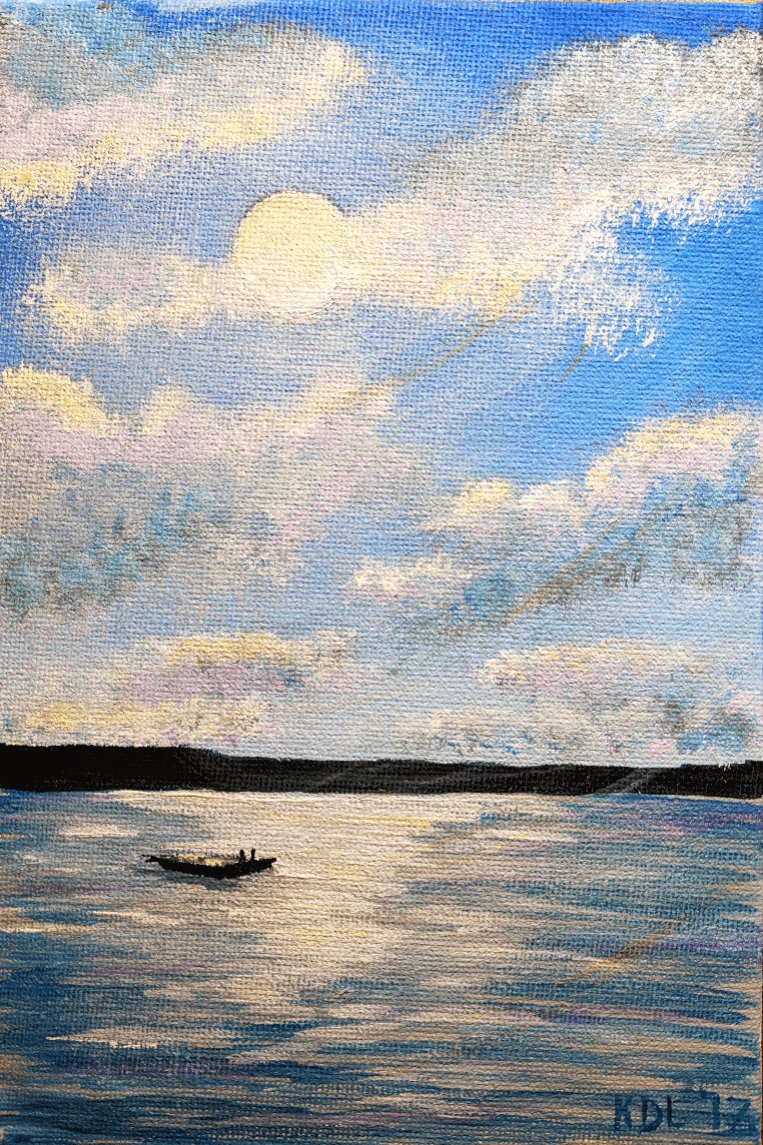 Acrylic painting looking over a lake with a blue sky and a single raft floating 