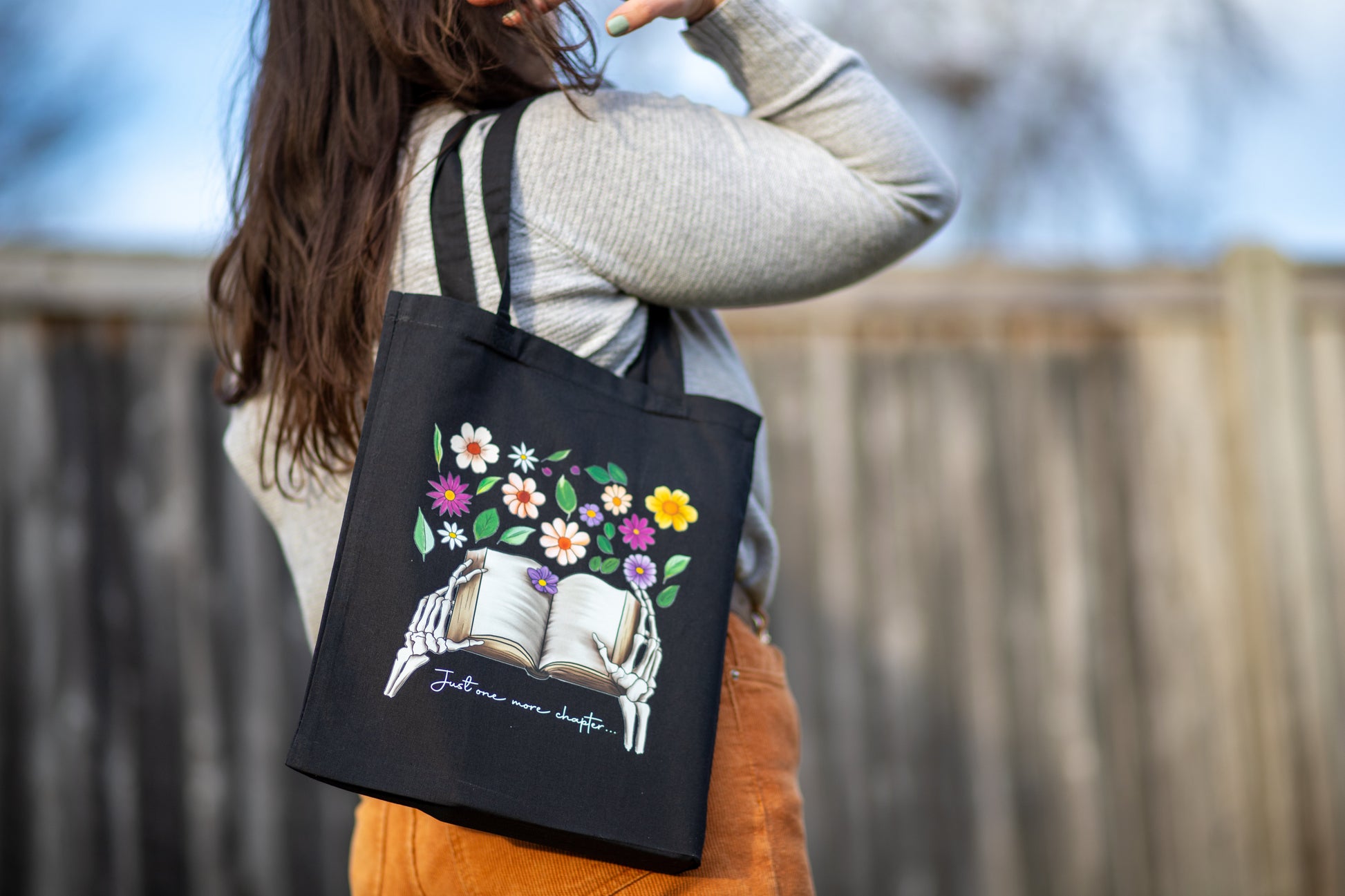 Just One More Chapter Skeleton Canvas Tote